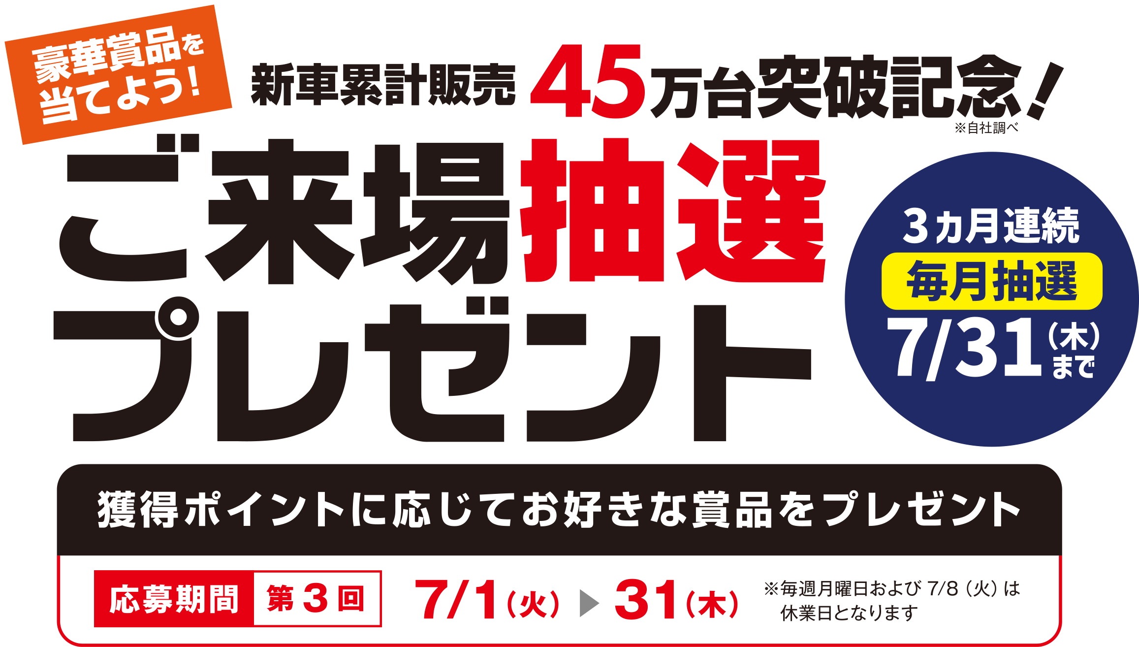 豪華賞品を当てよう！新車累計販売45万台突破記念！（※自社調べ）ご来場抽選プレゼント（3カ月連続毎月抽選7/31（木）まで）獲得ポイントに応じてお好きな賞品をプレゼント／［応募期間：第3回］7/1（火）〜31（木） ※毎週月曜日および7/8（火）は休業日となります