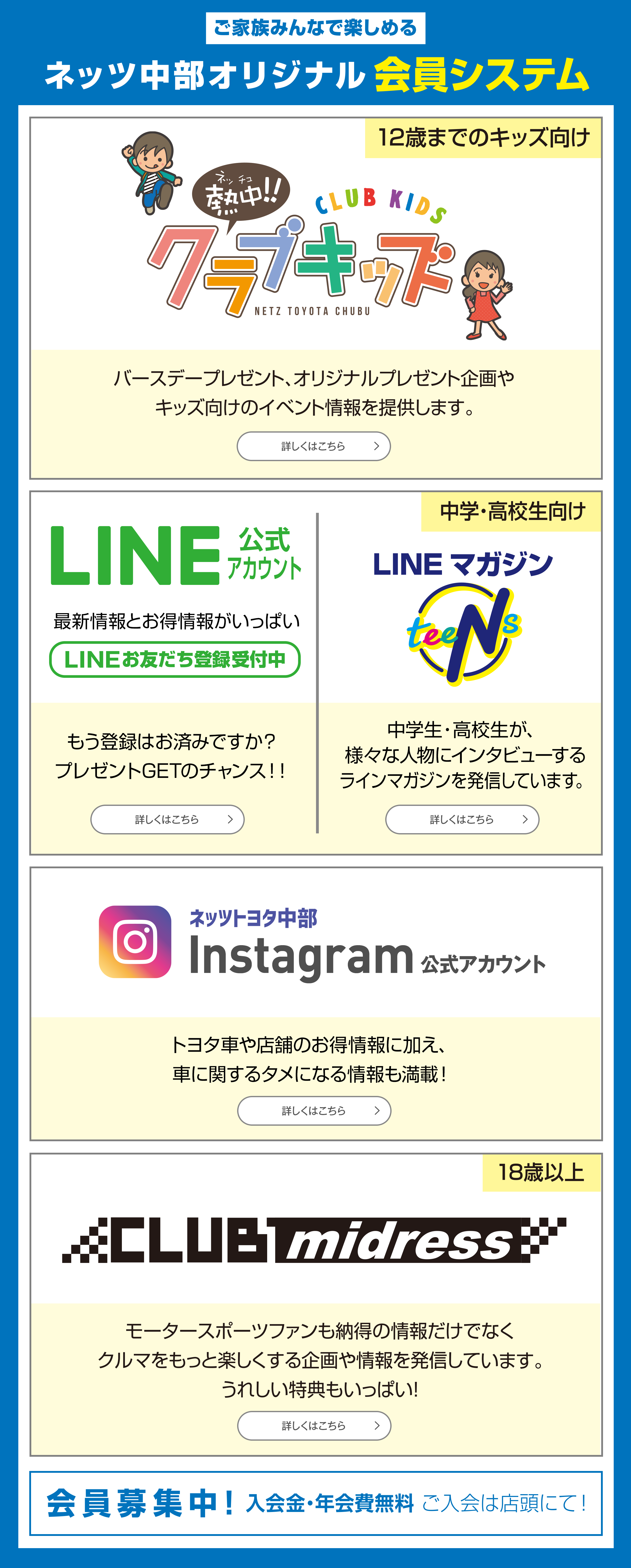 ご家族みんなで楽しめる ネッツ中部オリジナル会員システム／クラブキッズ／LINE公式アカウント、LINEマガジン／ネッツトヨタ中部　Instagram公式アカウント／CLUB midress